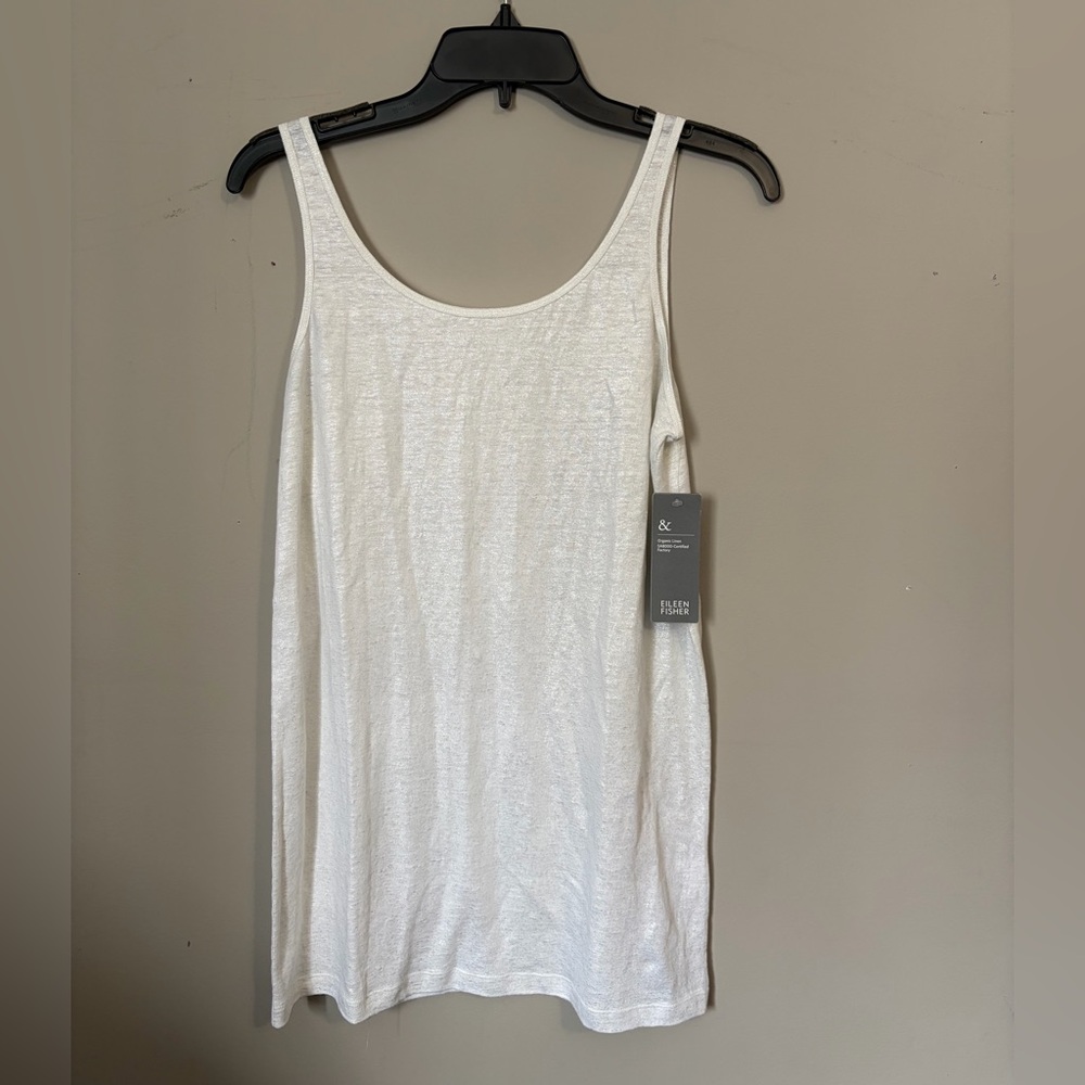 NWT Eileen Fisher Shimmer Metallic Silver Organic Linen Jersey Long Tank Size M